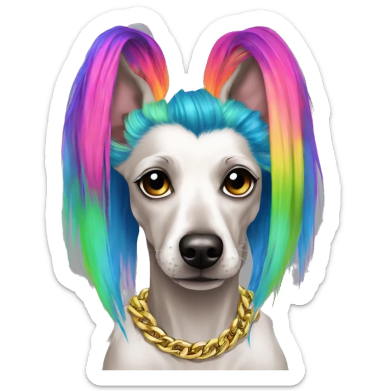 Punk Chinese crested dog neon rainbow hair gold chain piercings tattoos ear piercings sticker