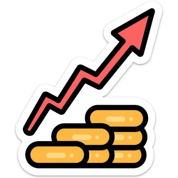 upward arrow beside a small stack of gold coins, beauty business financial growth symbol sticker