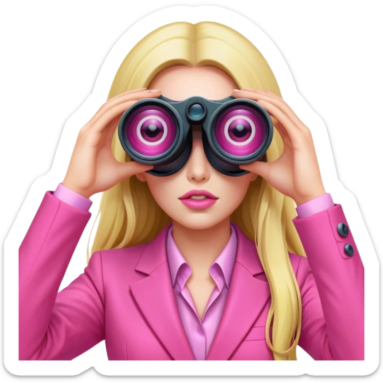 futuristic-looking woman with long hair in an intensive color pink suit looking through two-eyed binocular, viewed from an angled perspective sticker
