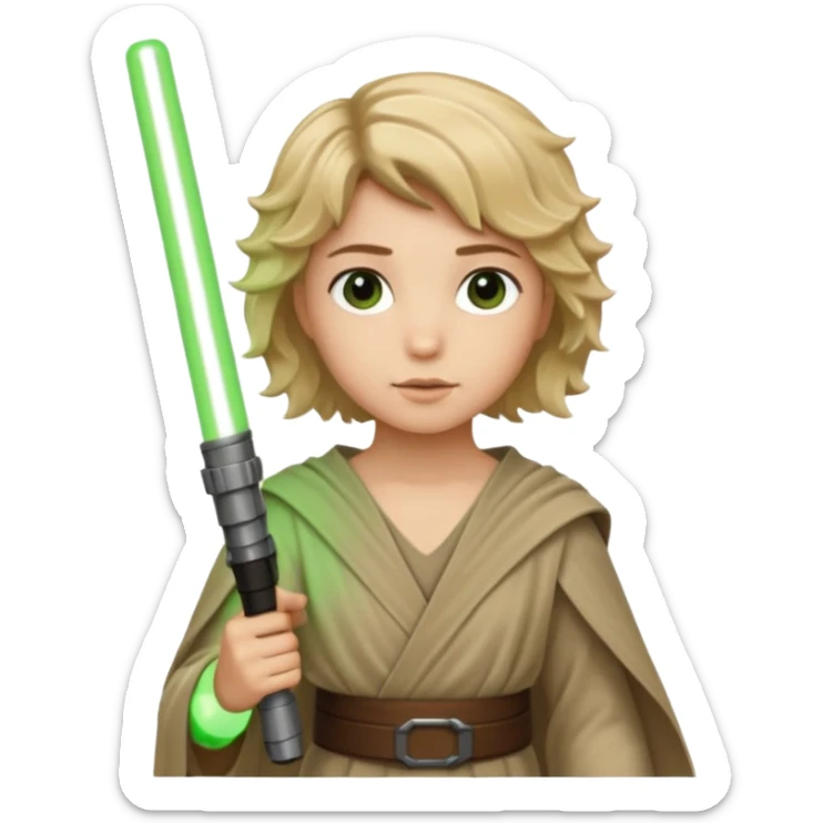 Young jedi with sandy blonde wavy short hair holding a green light saber. With brown eyes sticker