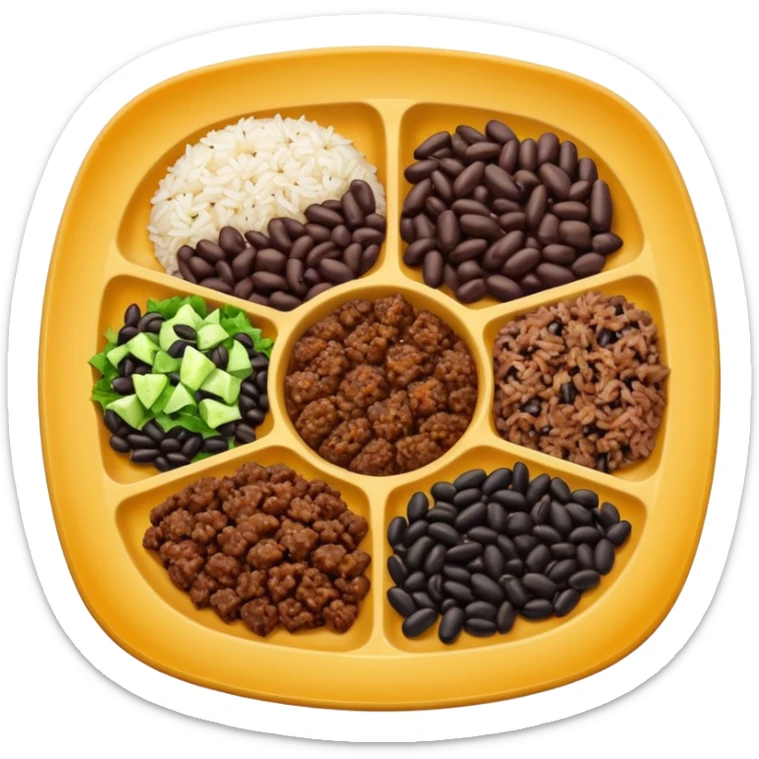 Food plate divided in 4 parts: rice, black bean, minced meat and salad

 sticker