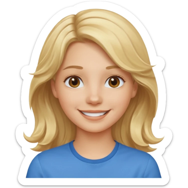 Happy blond girl with light weavy hair with a blue shirt but we can see only her face and neck and the top of the t shirt, no whole body sticker