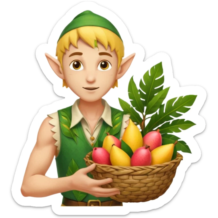 elf male Sleeveless vest with palm-leaf print, basket of exotic fruits (mango/lychee), sunburned nose. sticker