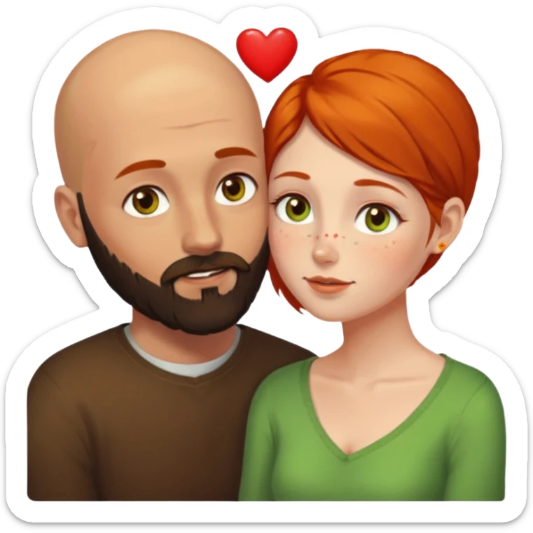 Couple. Bald man with dark brown-black beard. Woman with freckles, white skin and she has orange, auburn-yellow-brown hair. She has light yellow-green-brown eyes. He have hazel eyes. They look at each other. Many small red hearts around them. sticker