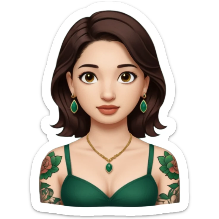 pretty bratz genmoji that looks like tamannah bhatia (bollywood actress), wearing a dark green sweetheart neckline top, dark brown hair, light makeup, no necklace, dangly earrings, side hair part, dark BROWN eyes, with full tattoos and neck tattoo big, fair sticker