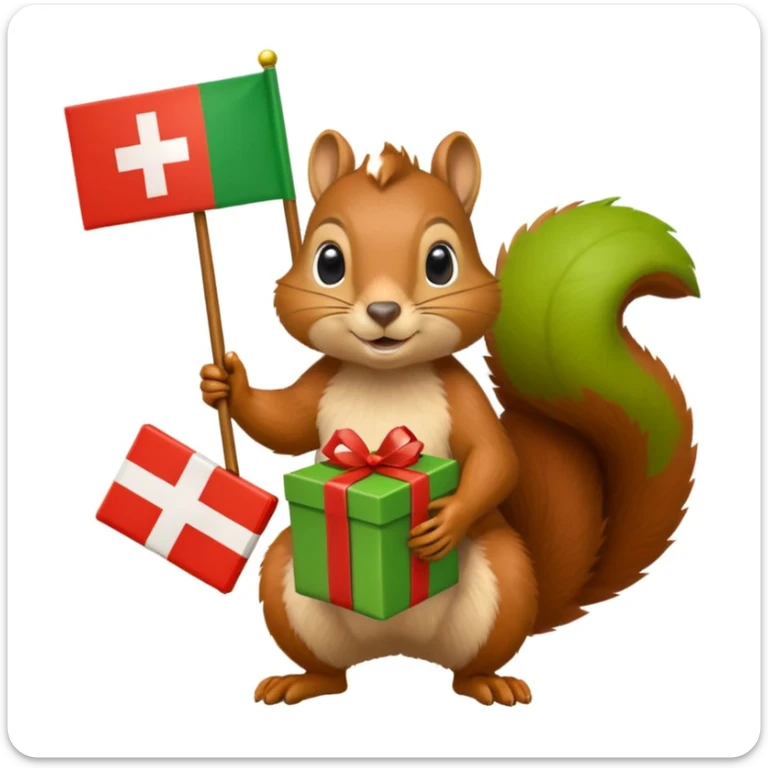a squirrel holding a green gift box in one hand and a Swiss flag in the other, both objects clearly visible, simple white background sticker
