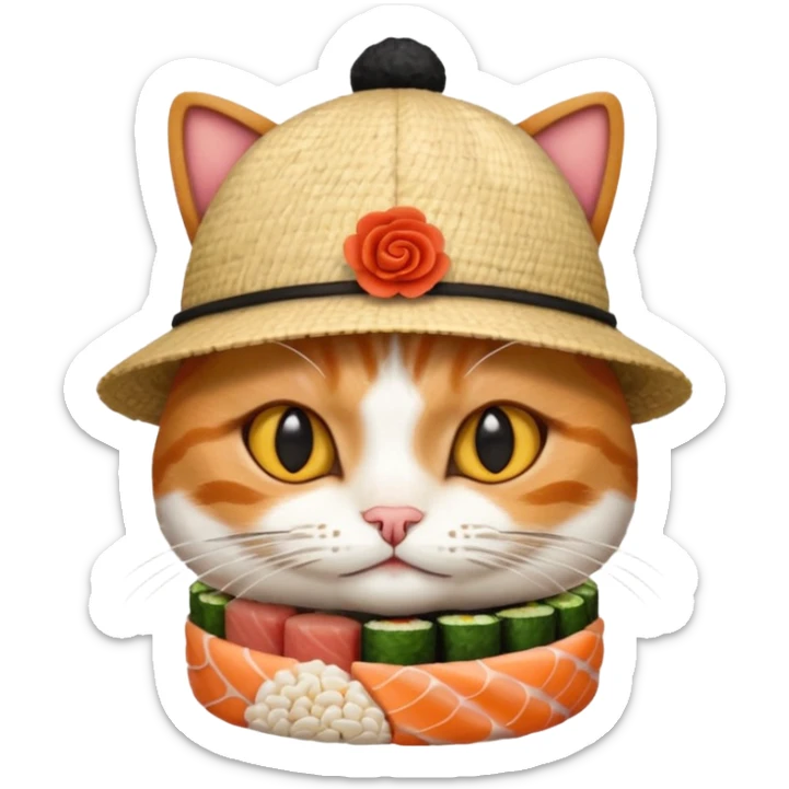 cat with its fingers crossed wearing a hat made out of sushi sticker