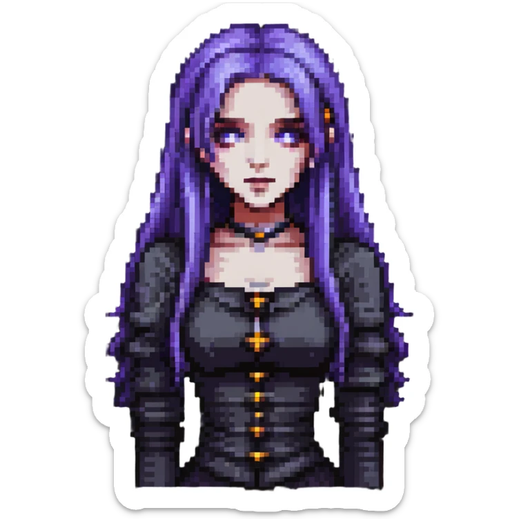 pixel art of a gothic woman with purple hair, witchy touch sticker