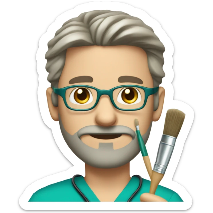 male dark blond with grey beard doctor with hazel eyes and wire-rimmed glasses in teal scrubs holding a paintbrush sticker