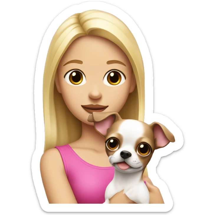 blonde girl with pink & white dark brown chihuahua in her arms sticker