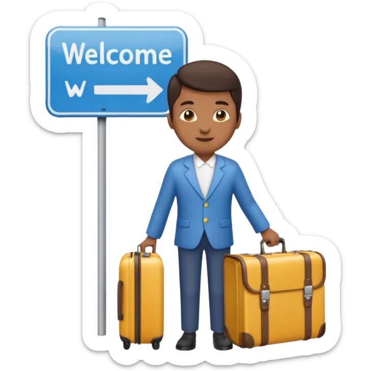a person holding a suitcase standing next to a welcome sign for a city, friendly and vibrant emoji style sticker