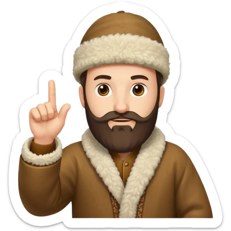 Create an emoji-style illustration of a Caucasian man from the Caucasus region, wearing a traditional woolen papakha hat and a robe made of sheepskin. He has a thick beard and is pointing one finger upward. The style should be simple and expressive, like an emoji. sticker