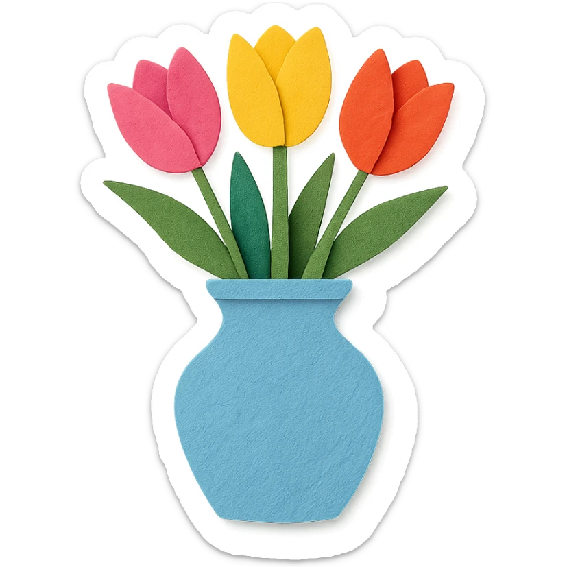 close-up of a vase filled with tulips, fine paper edges, vivid pink, yellow, and red tulips sticker