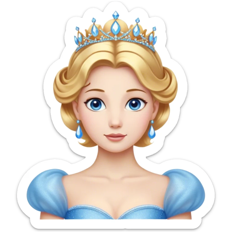 Cinematic Stunning Cinderella Portrait Emoji, Radiant in her sparkling blue ball gown, golden hair in a perfect updo, soft blue eyes full of wonder, glistening tiara, glowing with an ethereal beauty, regal yet kind, a dreamlike aura surrounds her, capturing the essence of a fairy tale princess, elegant and breathtaking! sticker