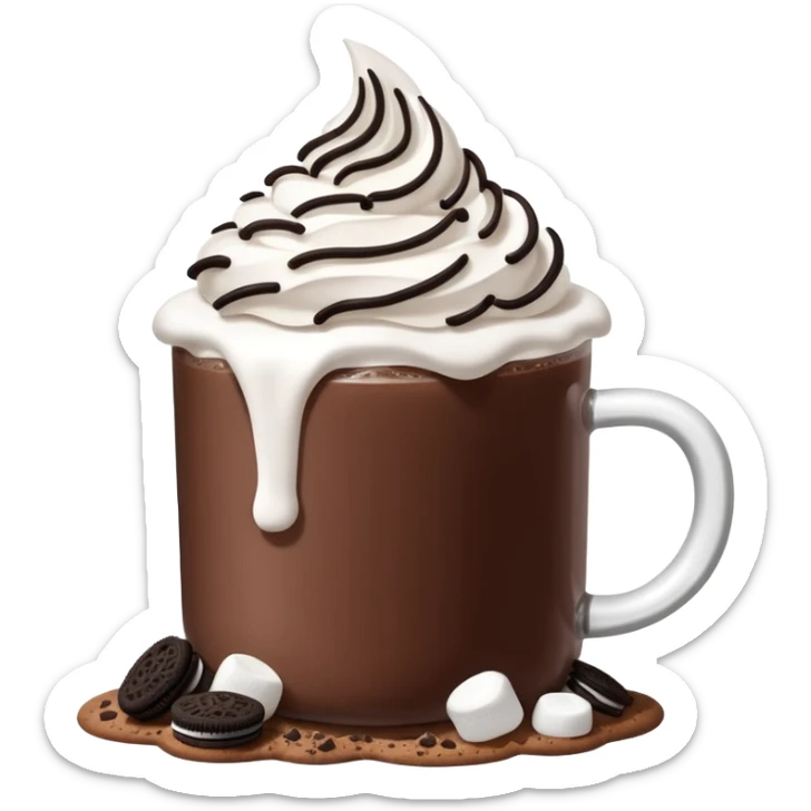 Hot chocolate with whipped cream and marshmallows on top of the whipped cream and also crunched Oreo crumbs. sticker
