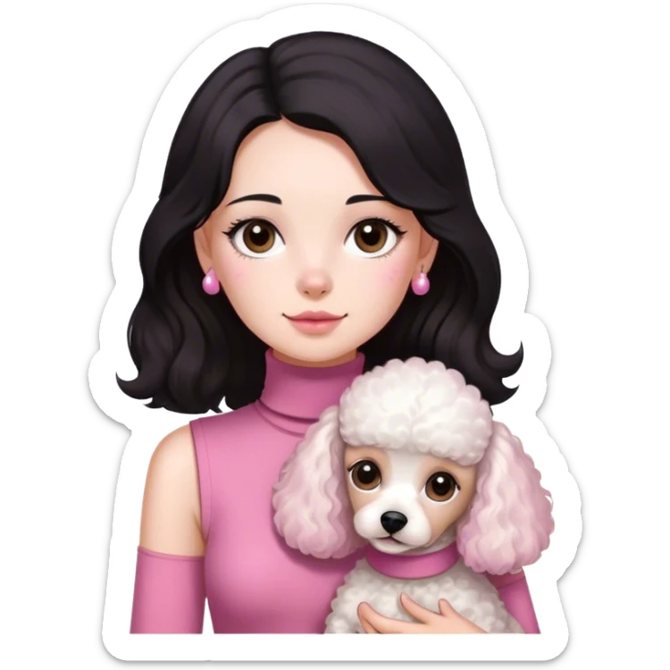  Un chica, con piel blanca, ojos cafés oscuros, con cabello negro, largo y poco ondulado, con camisa camisa rosa ajustada sin mangas y con cuello de tortuga sosteniendo un perrito pequeño de raza french poodle blanco con manchitas café en sus orejas sticker