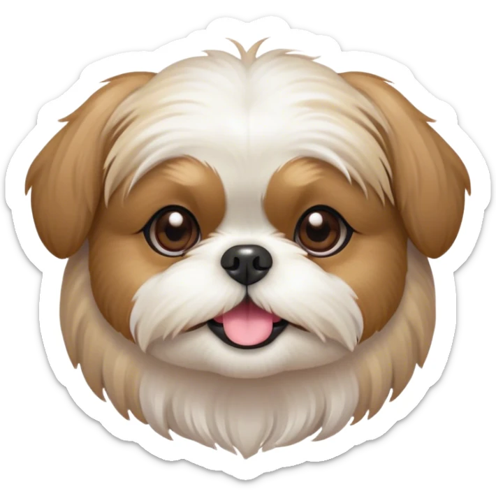 Cinematic Cute Shih Tzu Portrait Emoji, Head playfully tilted with large, sparkling eyes and a fluffy, endearing fur in gentle, pastel tones, simplified yet irresistibly charming, highly detailed, glowing with a warm, cuddly radiance, high shine, radiating affectionate and joyful energy, styled with a soft, playful outline, capturing the essence of a cute Shih Tzu that seems destined to charm everyone in its path! sticker