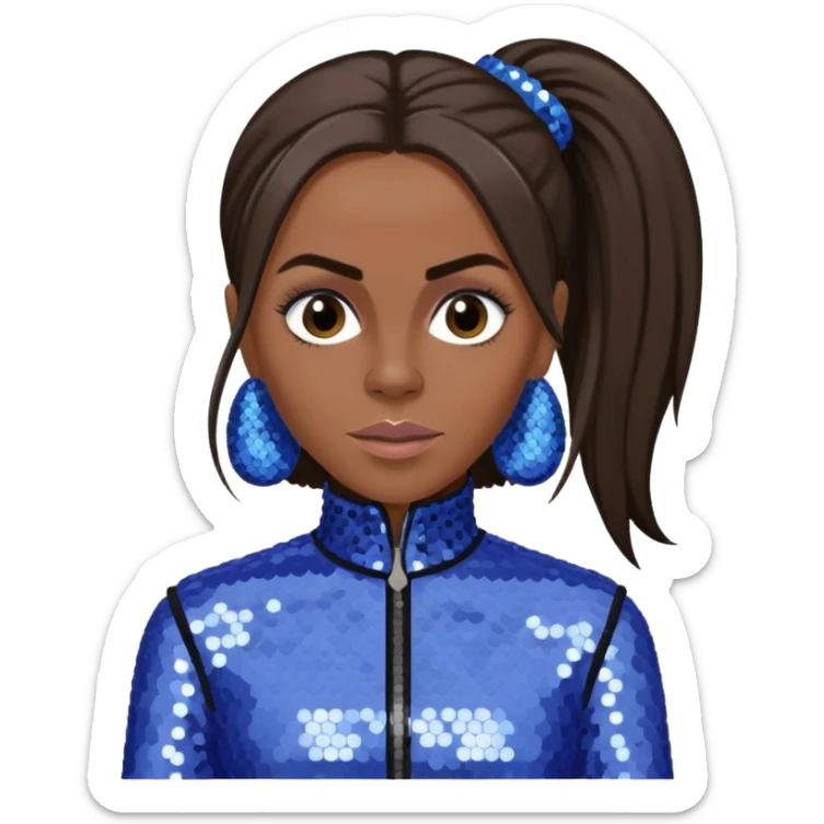 Mel C from Spice Girls with long dark brown ponytail hair, perwinkle sequin outfit sticker