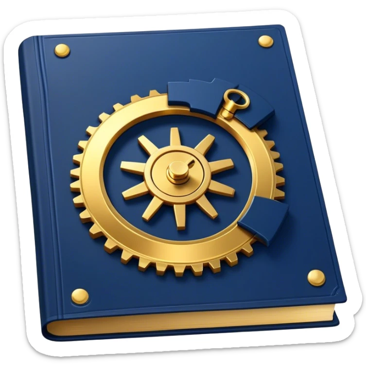 A navy blue book with gold details, metallic edges, and a golden gear with a chart with upward trend on the cover, radiating productivity, strategy, and success in motion- sticker