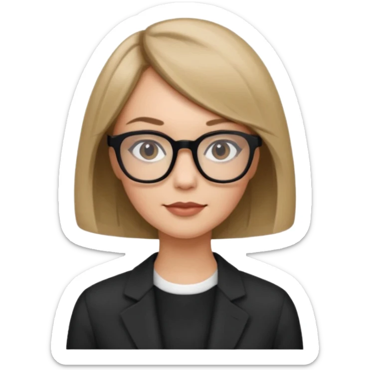 woman dark blonde petite bob haircut wears dark squarish glasses, classic clothes sticker