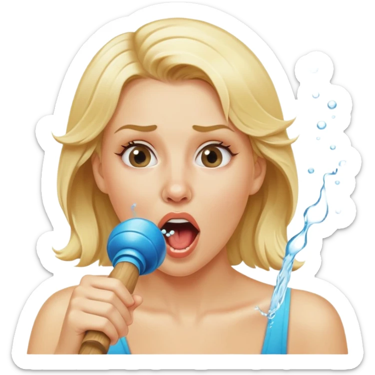 blond woman biting a wide skin-tone stick with a round knob, water jet shooting from the knob into her mouth, surprised look sticker