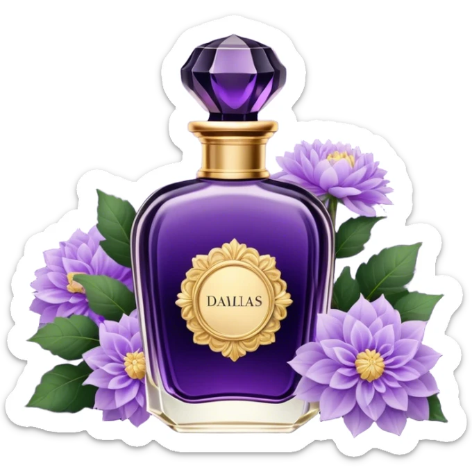 A dark amethyst vintage French-style perfume bottle with intricate golden detailing rests elegantly on an antique vanity. Surrounding it, delicate periwinkle dahlias and soft lavender sprigs add a touch of romantic charm. The glass reflects a warm glow from a nearby candle, enhancing its deep violet hues. The scent of aged vanilla and floral notes lingers in the air, evoking an aura of timeless elegance. sticker
