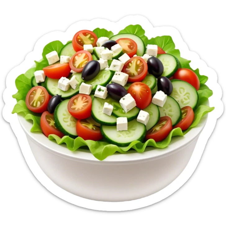 Cinematic Realistic Greek Salad Dish Emoji, depicted with crisp lettuce, tomatoes, cucumbers, olives, and feta cheese rendered with vibrant textures and fresh, natural lighting. sticker