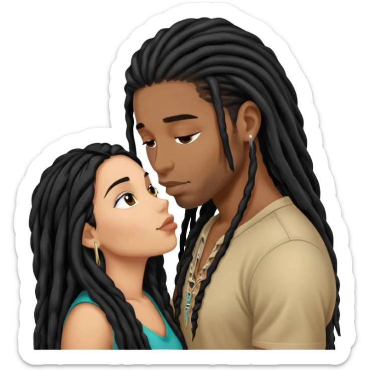 Latina Woman with long hair kissing a young black guy with dreads no beard sticker