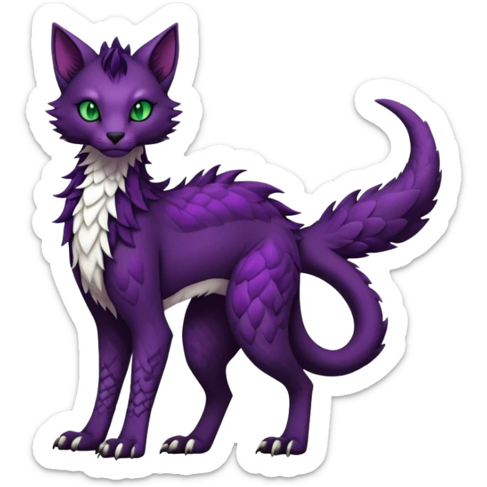 Kawaii dark edgy dark deep purplish with dark green eyes fantasy feline-vernid-sergal-fursona animal creature with a tufted tail full body with intricate markings  sticker