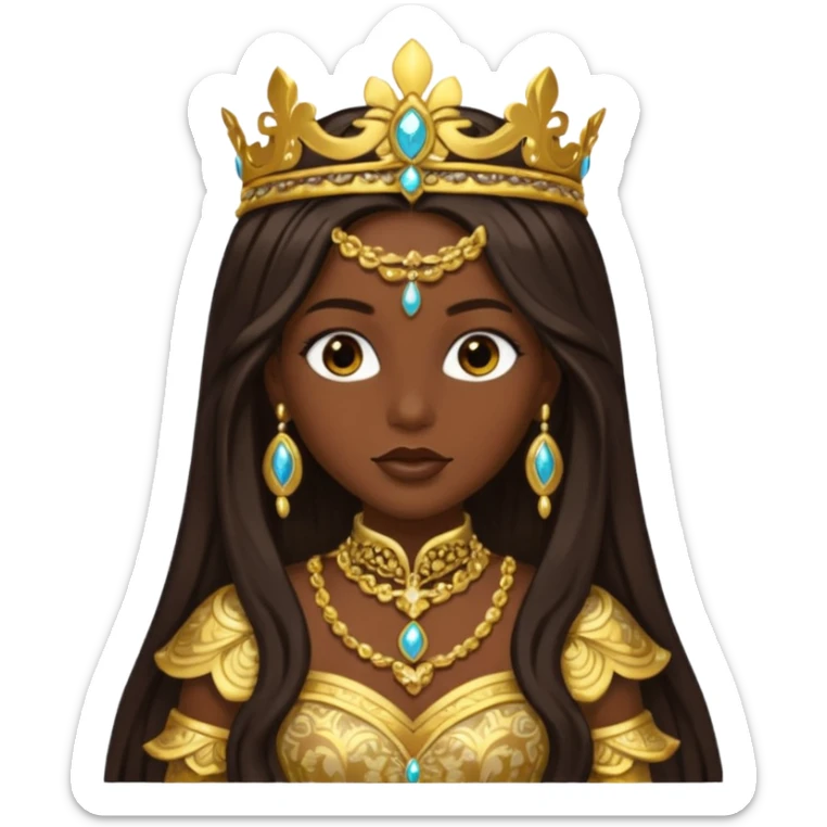 Bilquis from American Gods with dark skin, dark brown long hair, gold outfit sticker