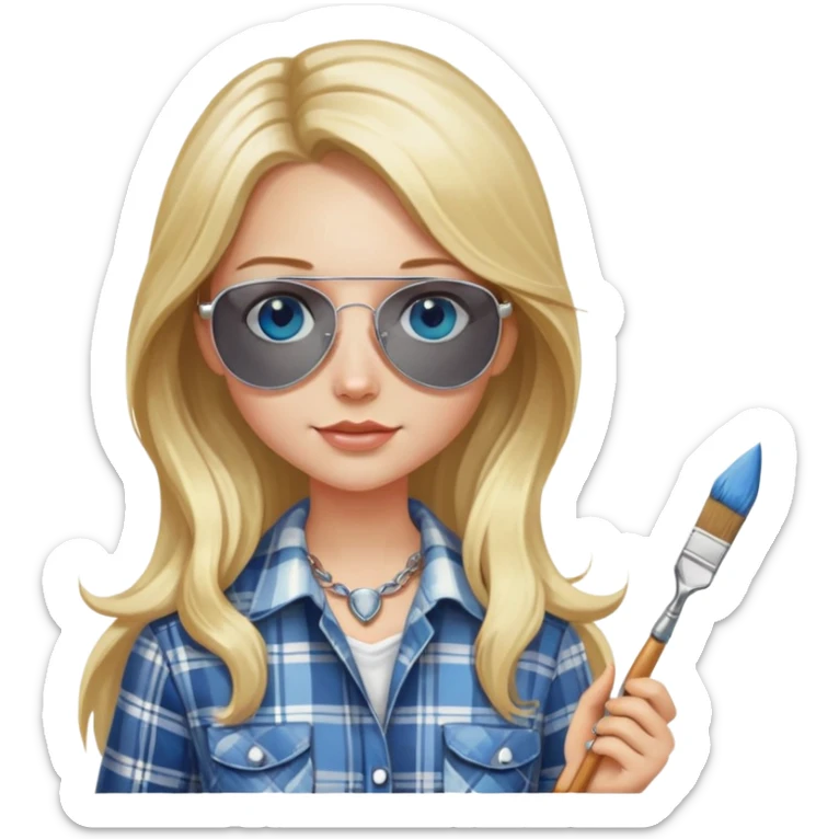 girl with long blond hair, wearing plaid shirt with blue eyes and aviator sunglasses wearing a ring on her silver necklace, holding a wide paintbrush sticker