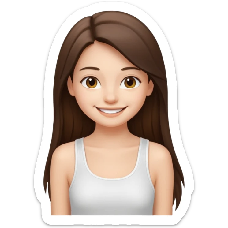 a pretty bratz fair girl with straight brunette long hair, wearing a white thin strap trap tank top, smiling sticker