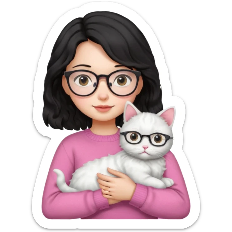 a girl with a black wavey hair, wearing a pink sweater and glasses, holding a cute white cat, only upper body, high quality. sticker