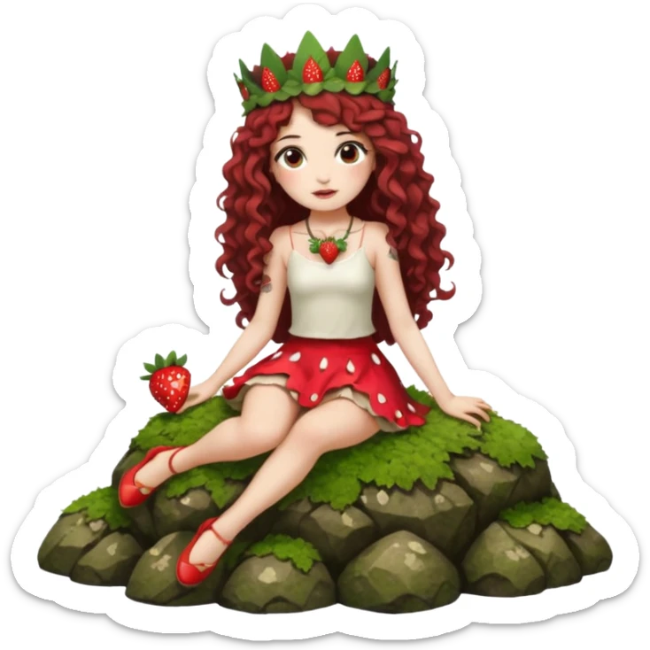 full body woman long curly brown hair brown eyes white skin tattoos sitting on moss rock wearing strawberry crown and short petal skirt sticker