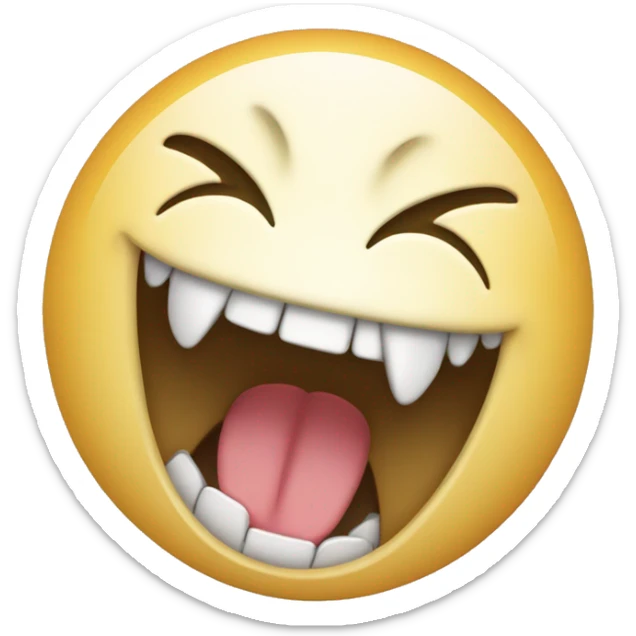 Laughing emoji with one crooked teeth that is a one canine teeth is on top of others and a bit long sticker