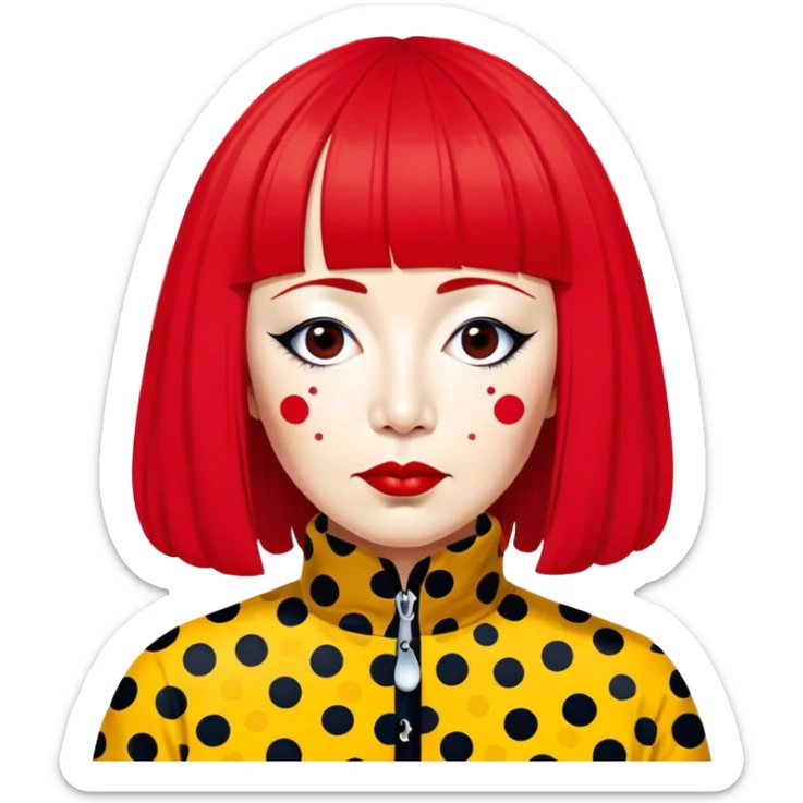 Yayoi Kusama – Cinematic Realistic Portrait of Yayoi Kusama, depicted as an avant-garde artist with an eccentric, captivating expression surrounded by her iconic polka dot patterns, rendered with vivid textures and imaginative lighting that evokes her unique, surreal creative world. sticker