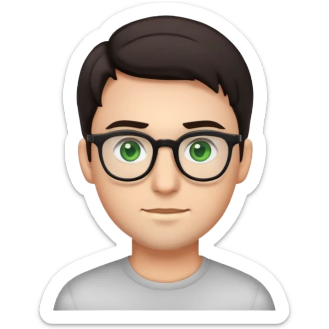 simple young male emoji with dark hair, glasses, green eyes, slight stubble sticker