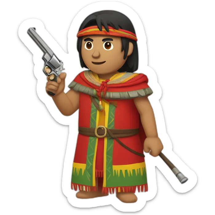 An Inca man, neck-length black hair, wearing a Red headband and wearing a red poncho (with yellow, green and red lines) and holding a pistol sticker