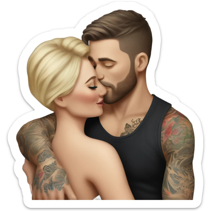 Hyper Realistic beautiful woman in the arms of a very handsome tattooed man kissing  sticker