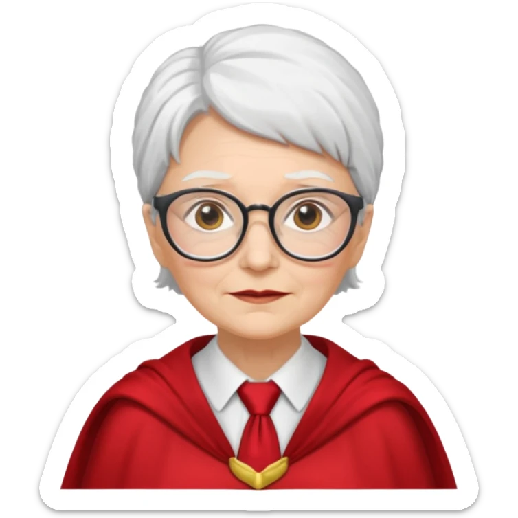 An older woman with glasses and white hair, in a red tie and cape sticker
