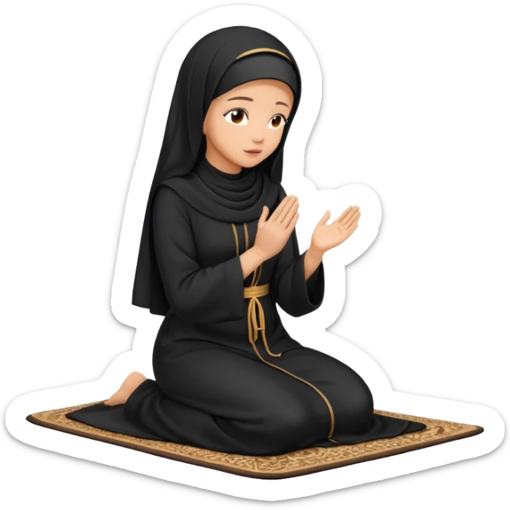 Light skin Muslim woman in black abaya side profile praying on prayer mat  holding up hands to god sticker