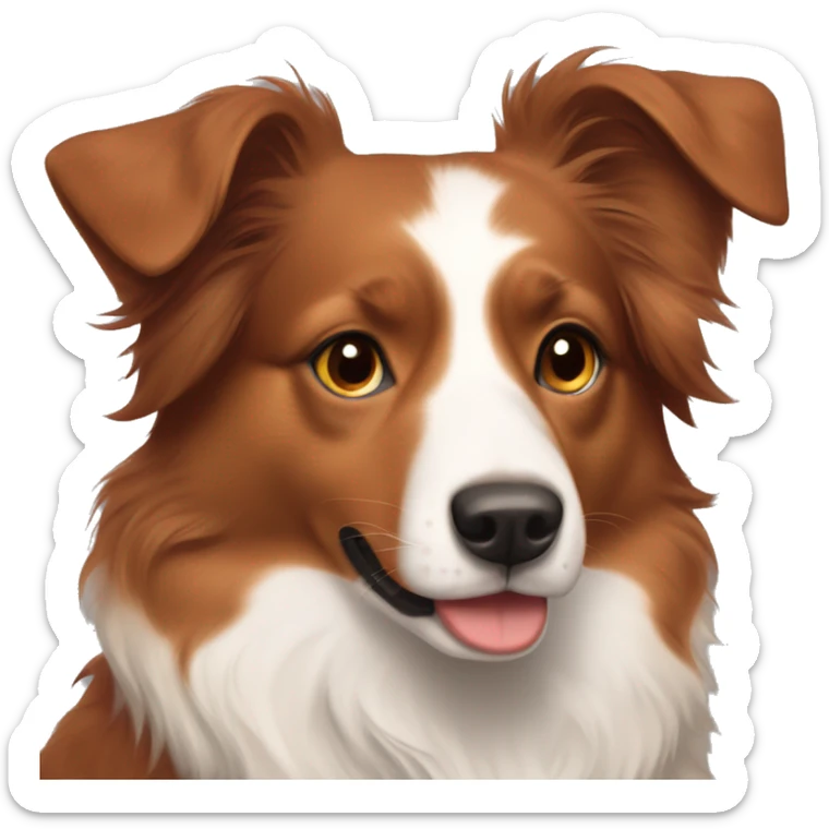Red Australian shepherd with one pointy ear with a girl with black hair, light skin, brown eyes and soft smile sticker