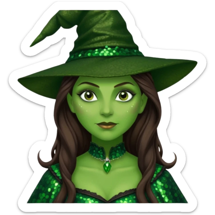 Elphaba, Wicked Witch of the West from The Wizard of Oz with long brown hair, dark green sequin outfit, green skin sticker
