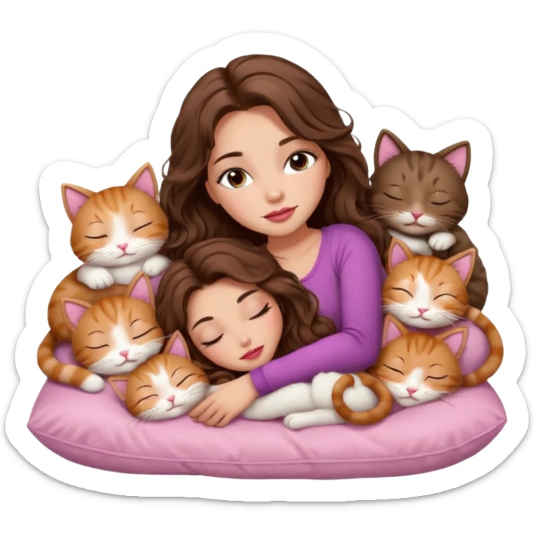 girl with long wavy brown hair, brown eyes, long lashes makeup, sexy pink lips, light to medium complexion,  sleeping on a cozy pillow, with 6 cute cats, sleeping sticker