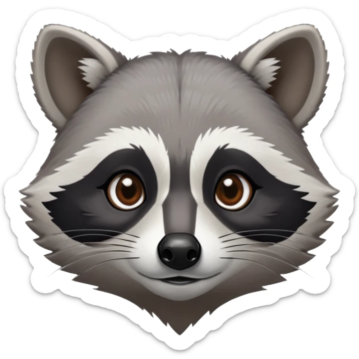 Cinematic-Noble-Raccoon-Portrait-Emoji – Poised and confident, with a sturdy build and a beautifully textured fur of silver-grey accented by dark black facial markings, deep-set, intelligent brown eyes, simplified yet sharp and sophisticated zoom out to show shoulders sticker