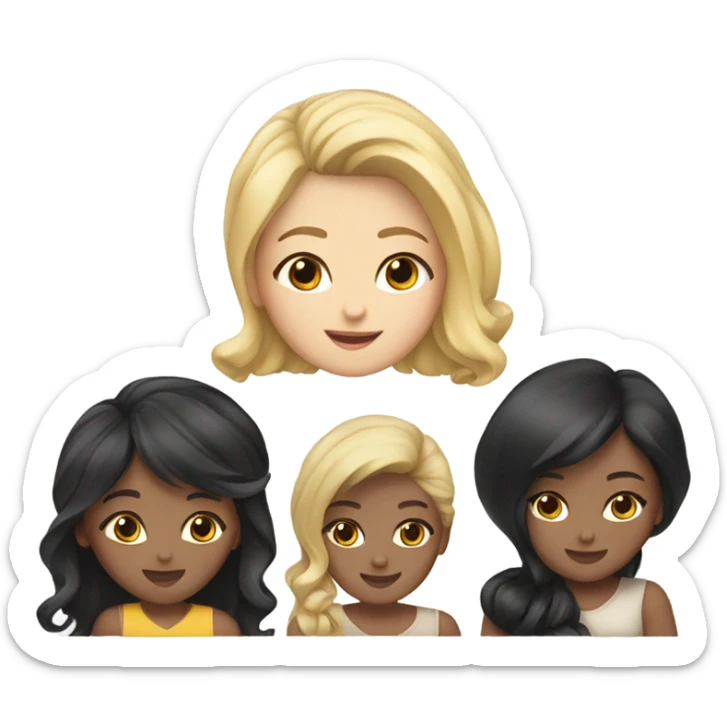 Four white girls, one with short blonde hair, two with long brown hair, one with black hair sticker