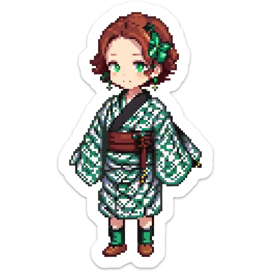 Tanjiro Kamado from Demon Slayer, pixel art style, green and black checkered haori, hanafuda earrings, small sprite sticker