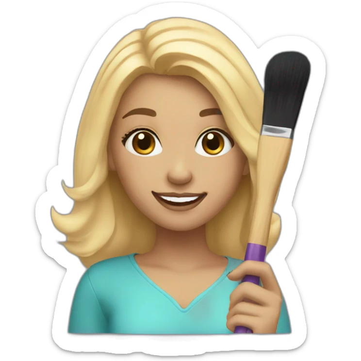 girl with blonde hair smiling with a makeup brush in her hand sticker
