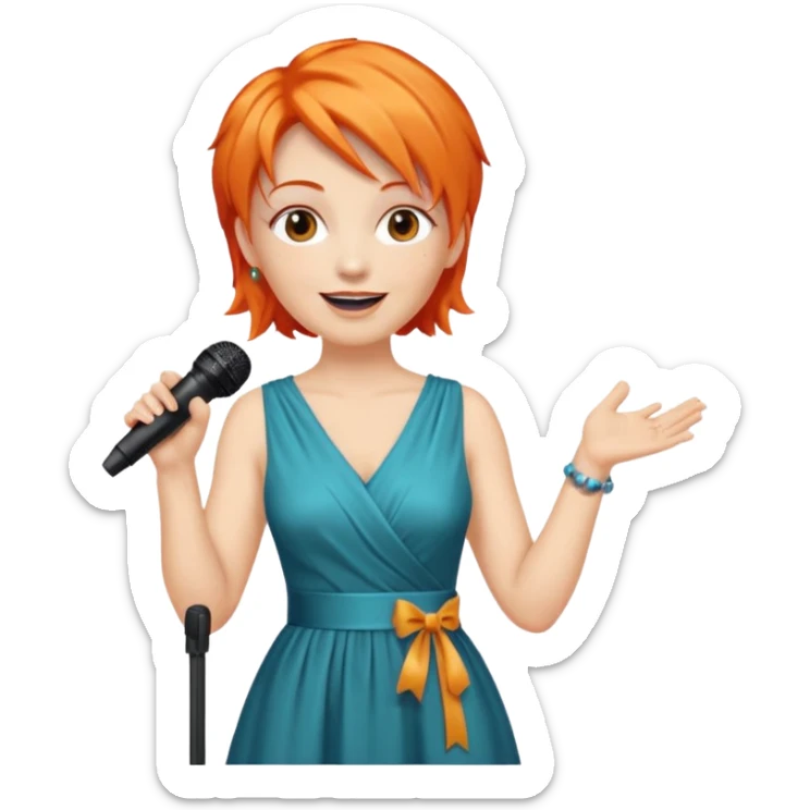 singer, Middle age, orange hair, happy, holding mic, wearing dress sticker