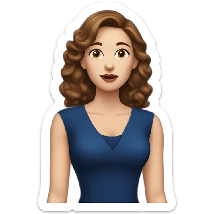 A white woman with brown hair, blowing a kiss, wearing a dark blue dress, and long earrings sticker